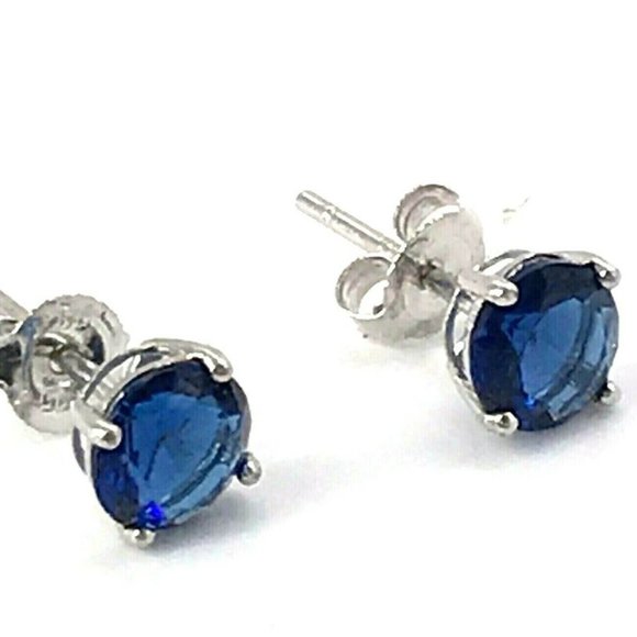 Sterling Silver 6 mm Cubic Zirconia Stud Earrings Blue Sapphire - Picture 4 of 4